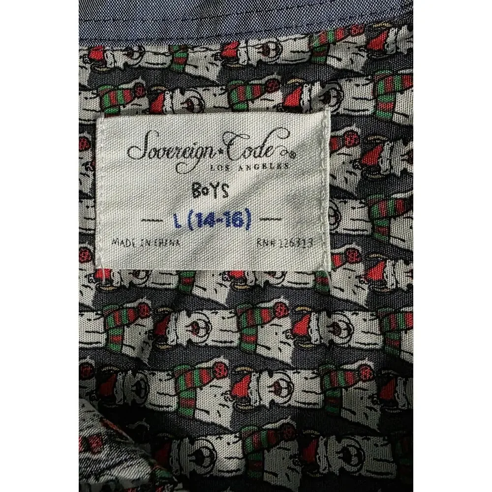Sovereign Code Boys L 14/16 Christmas Dogs Santa Hat Button‎ Long Sleeve Shirt